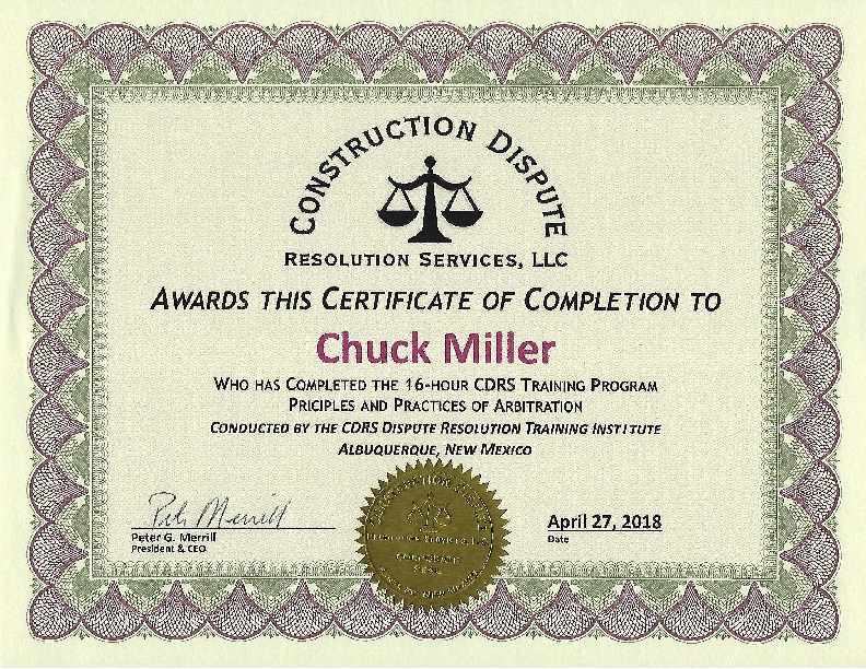 CDRS Principles and Practices of Arbitration certificate of completion